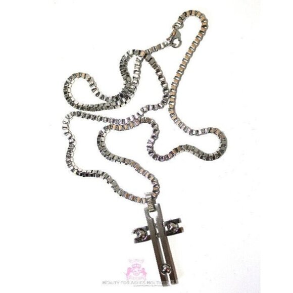 24" Mens Chain Stainless Steel Necklace Art Deco Cross Necklace - Picture 2 of 6